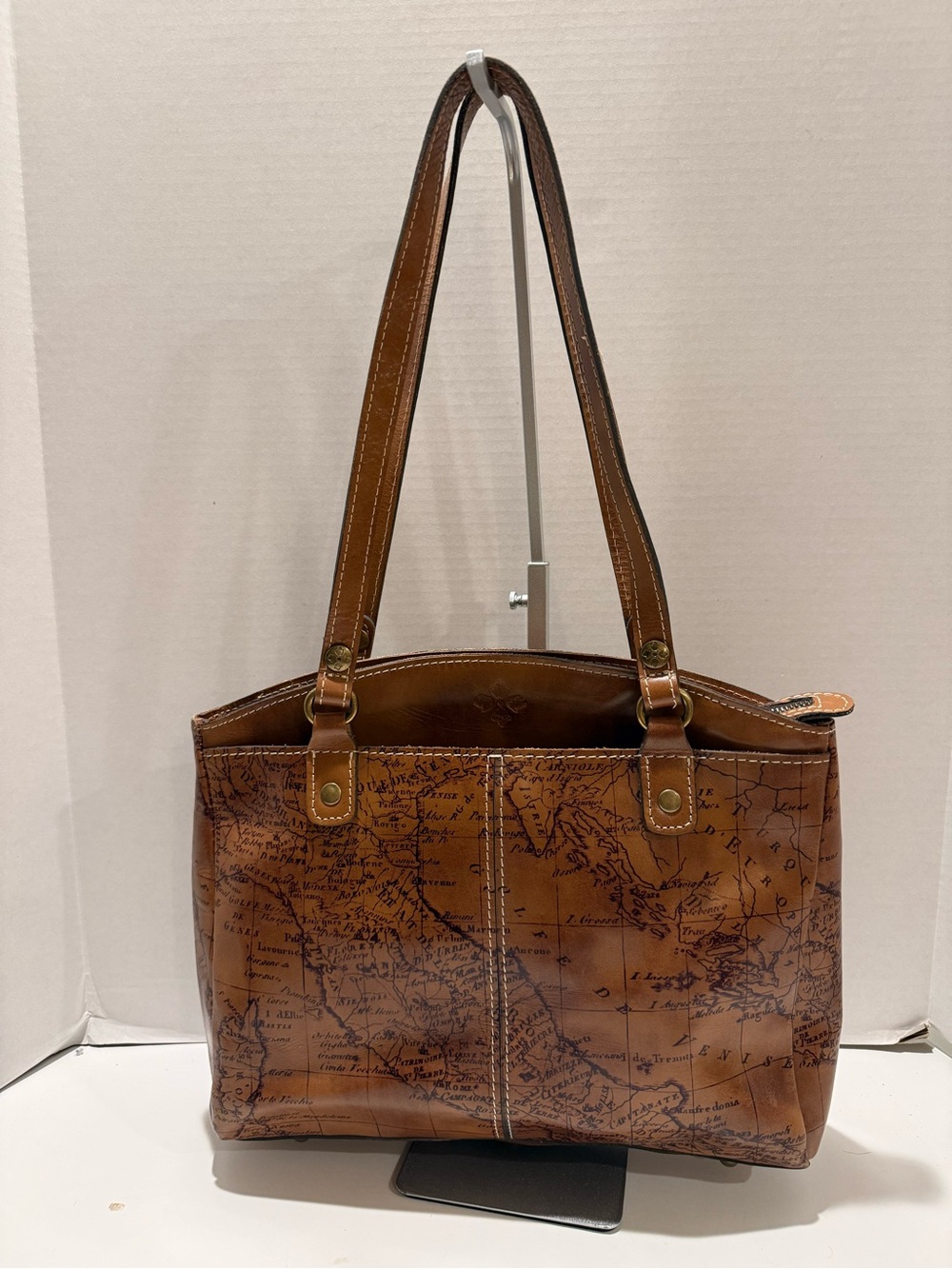 Patricia Nash Brown Map-Print Leather Poppy Shoulder Bag